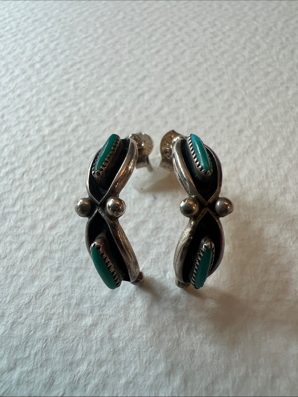 Sterling Silver Zuni Needlepoint Turquoise Accent Hoop Earrings